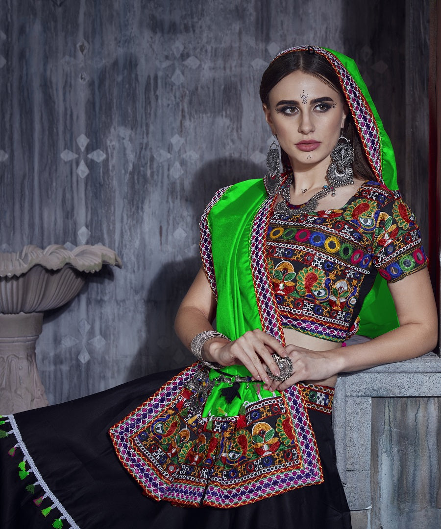 Rajwadi Black Gamthi Embroidered Navratri Chaniya Choli with Neon Green Dupatta