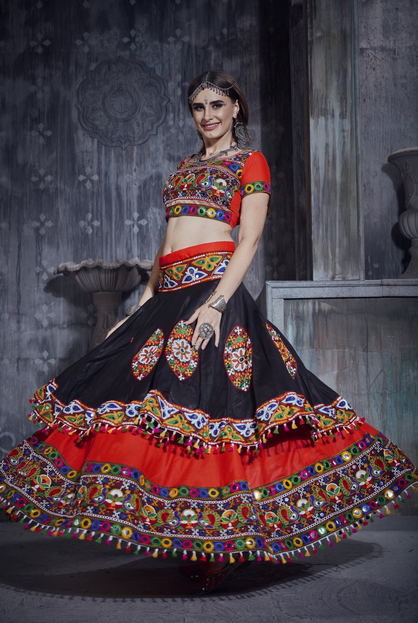Designer Red & Black Navratri Chaniya Choli with Multicolor Embroidery & Blue Dupatta – Garba & Festive Wear