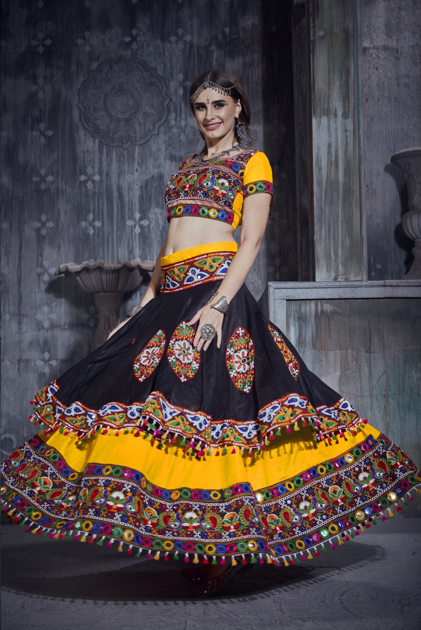 Designer Yellow & Black Navratri Chaniya Choli with Multicolor Embroidery & Mirror Work – Festive Garba Wear