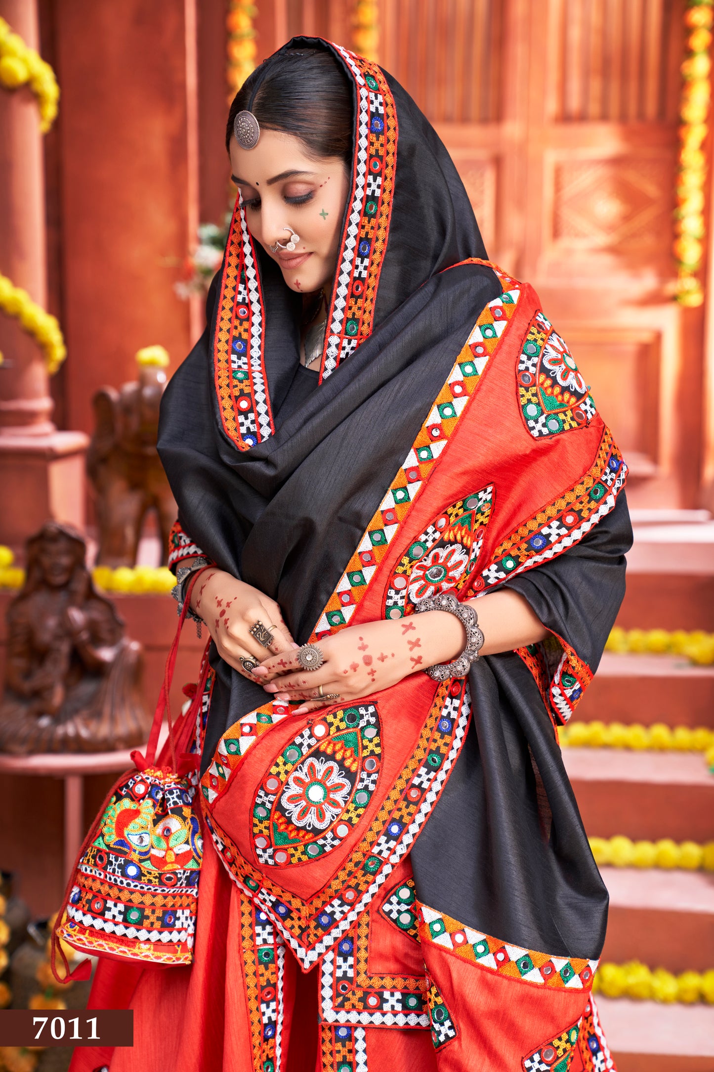 Red & Black Navratri Special Embroidered Chaniya Choli with Mirror Work