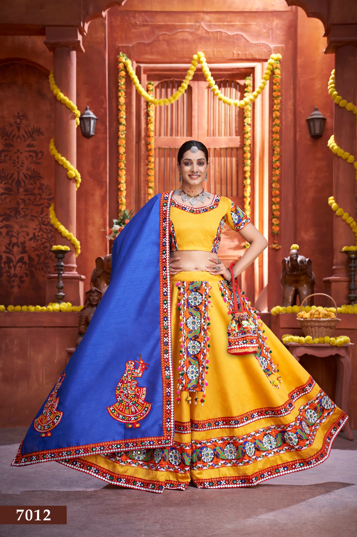 Rajwadi Yellow Navratri Chaniya Choli with Royal Blue Dupatta – Premium Quality