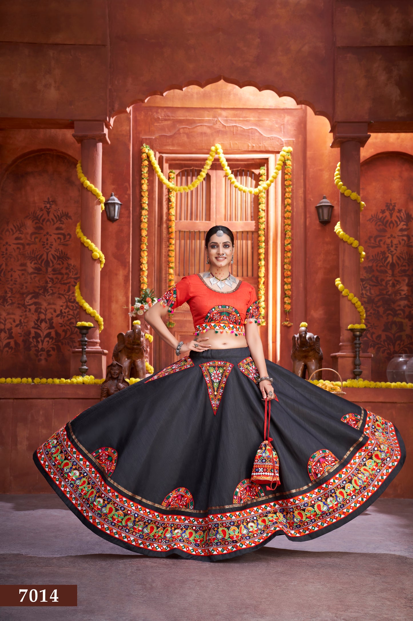 Red & Black Navratri Special Embroidered Chaniya Choli with Mirror Work