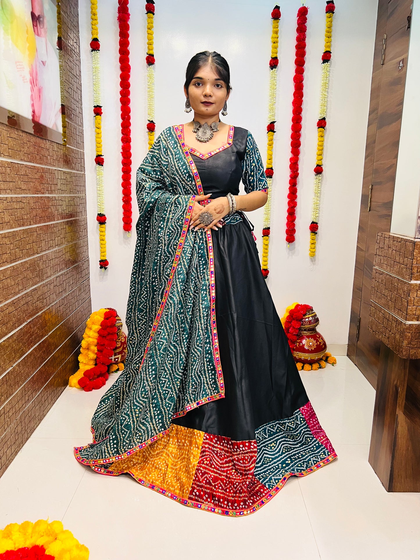 Designer Black Bandhani Navratri Lehenga Choli with Multicolor Patch Work & Dupatta