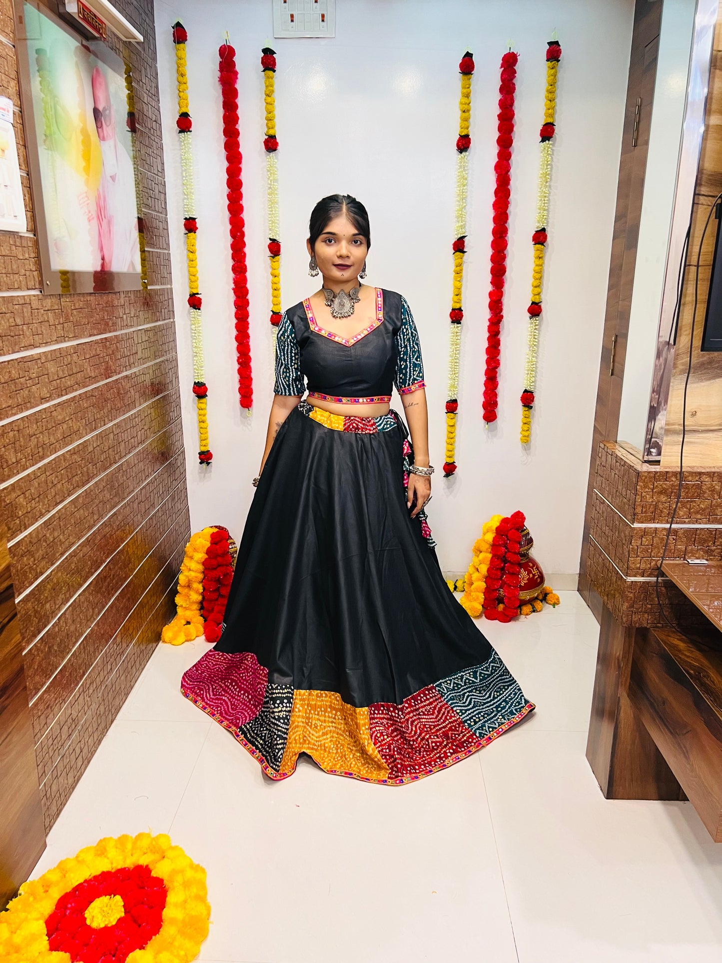 Designer Black Bandhani Navratri Lehenga Choli with Multicolor Patch Work & Dupatta