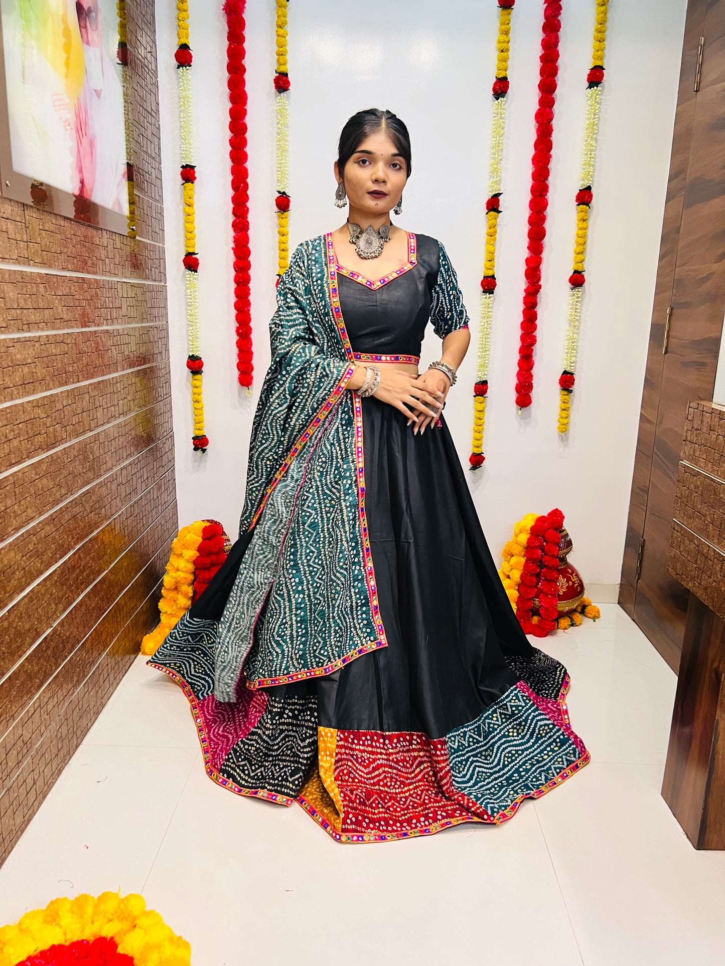 Designer Black Bandhani Navratri Lehenga Choli with Multicolor Patch Work & Dupatta