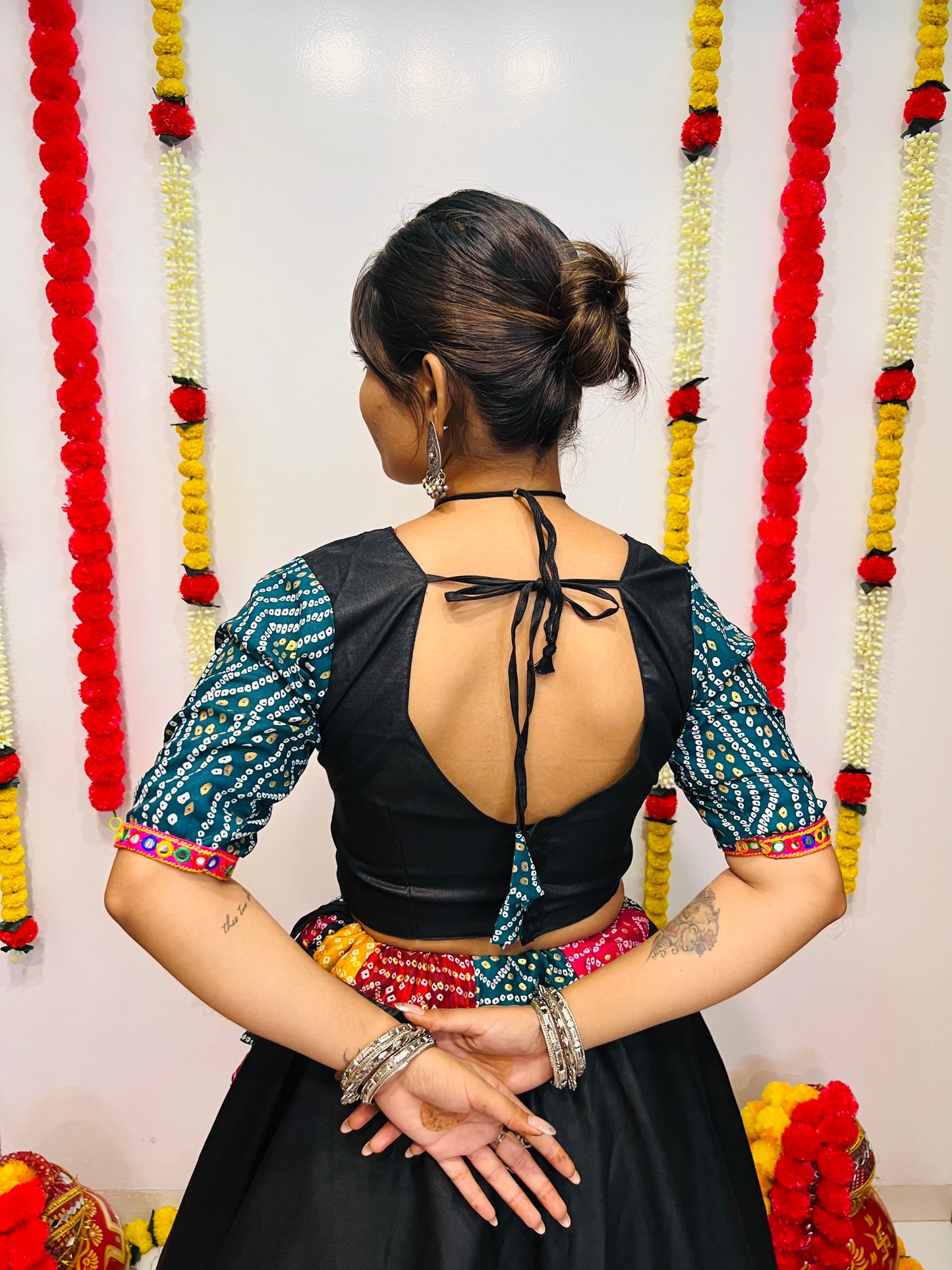 Designer Black Bandhani Navratri Lehenga Choli with Multicolor Patch Work & Dupatta