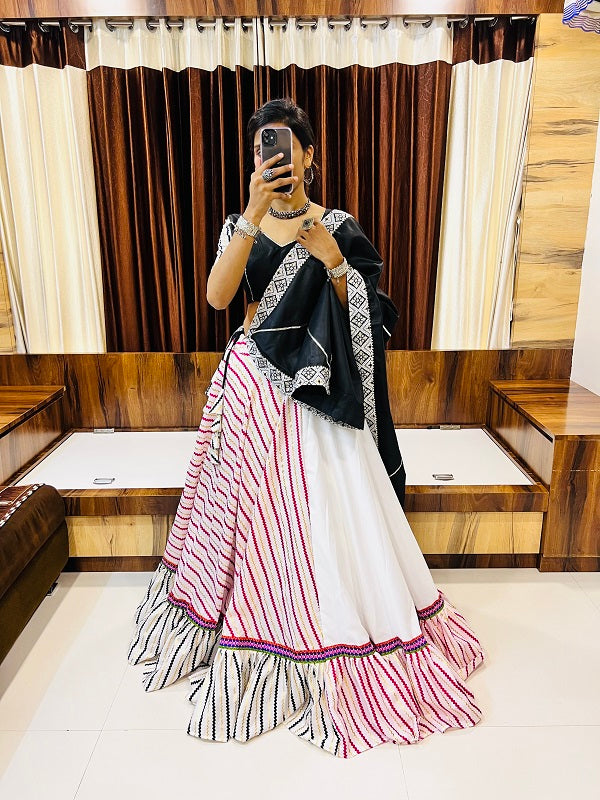 Rajwadi White & Multicolor Stripe Navratri Chaniya Choli with Black Blouse & Dupatta