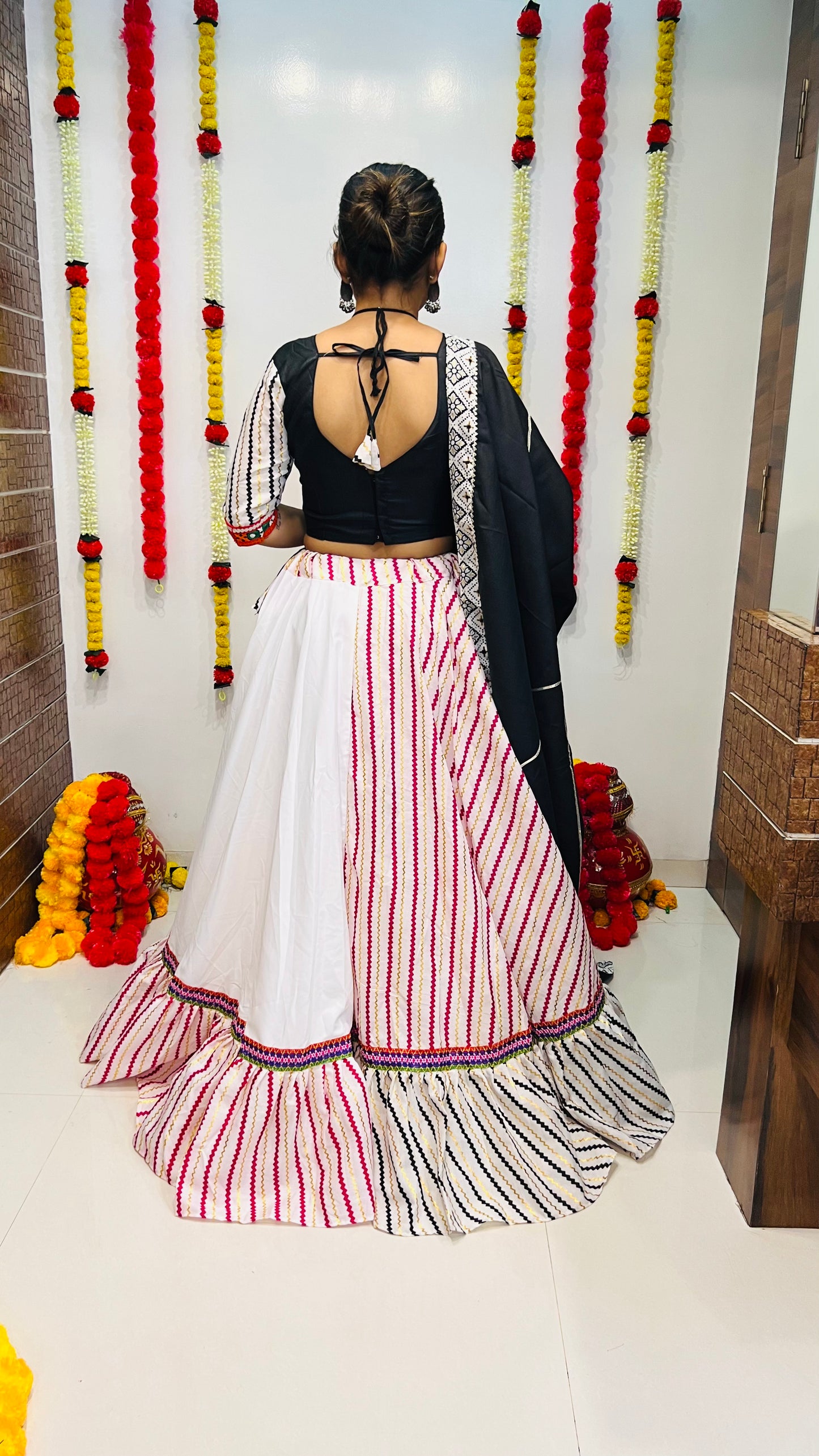 Rajwadi White & Multicolor Stripe Navratri Chaniya Choli with Black Blouse & Dupatta