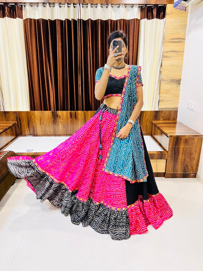 Bandhani Navratri Chaniya Choli – Black & Pink Cotton Silk Lehenga with Bandhej Dupatta