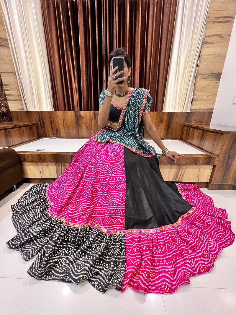 Bandhani Navratri Chaniya Choli – Black & Pink Cotton Silk Lehenga with Bandhej Dupatta