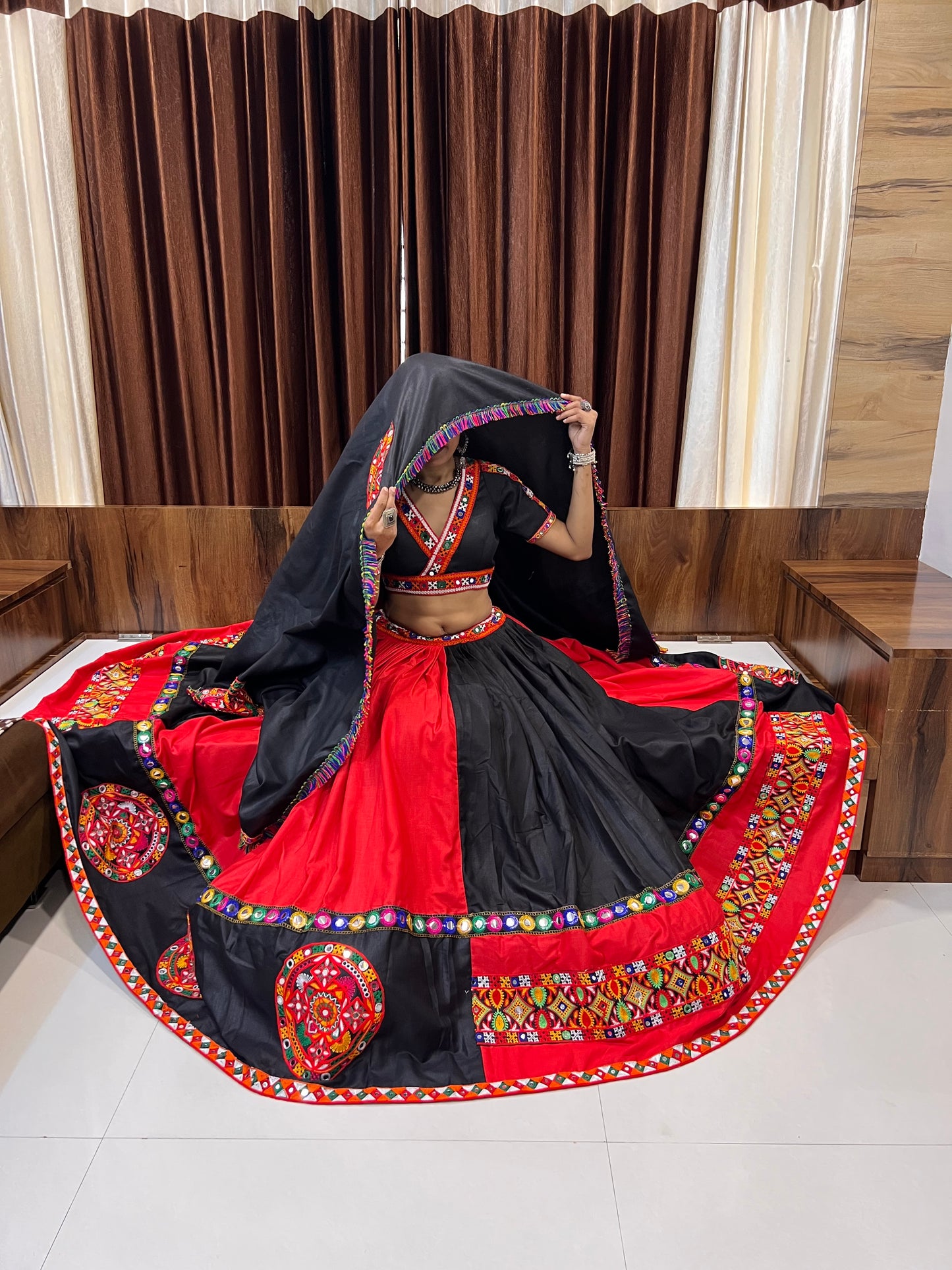 Black & Red Navratri Chaniya Choli with Gamthi Work & Mirror Detailing