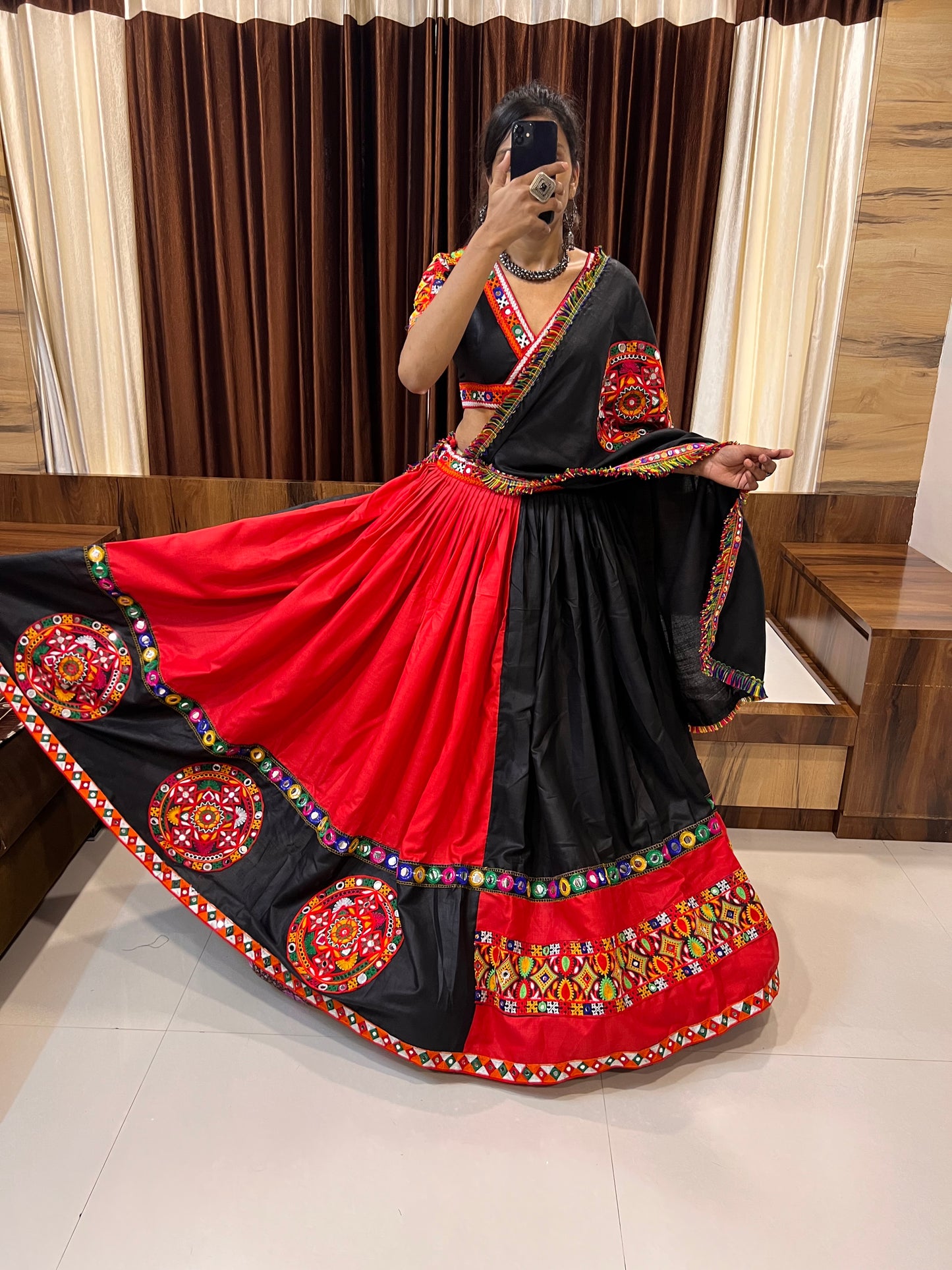 Black & Red Navratri Chaniya Choli with Gamthi Work & Mirror Detailing