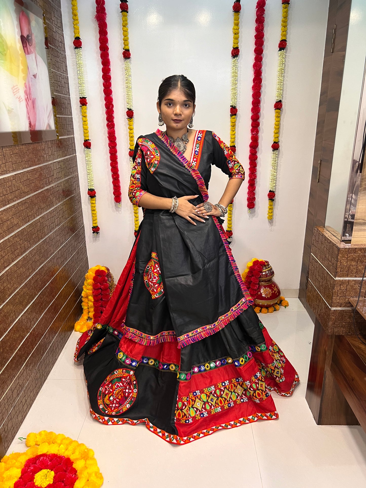Black & Red Navratri Chaniya Choli with Gamthi Work & Mirror Detailing