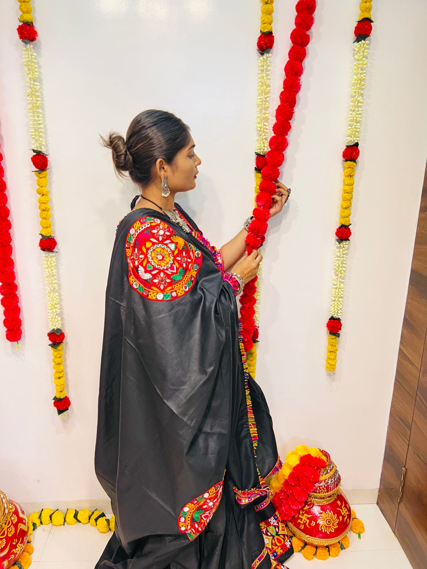 Black Gamthi Work Navratri Chaniya Choli with Multicolor Embroidered Border