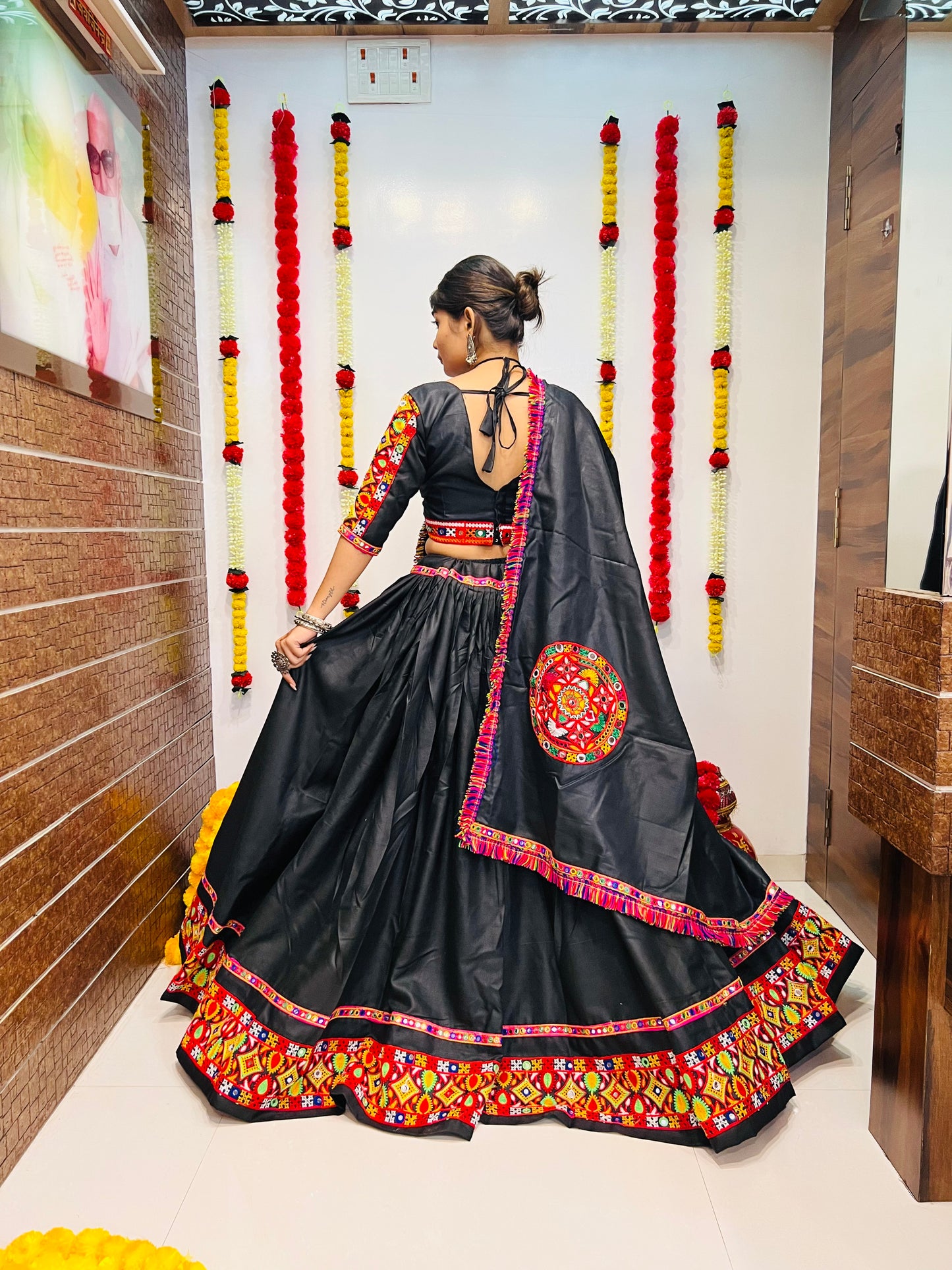 Black Gamthi Work Navratri Chaniya Choli with Multicolor Embroidered Border