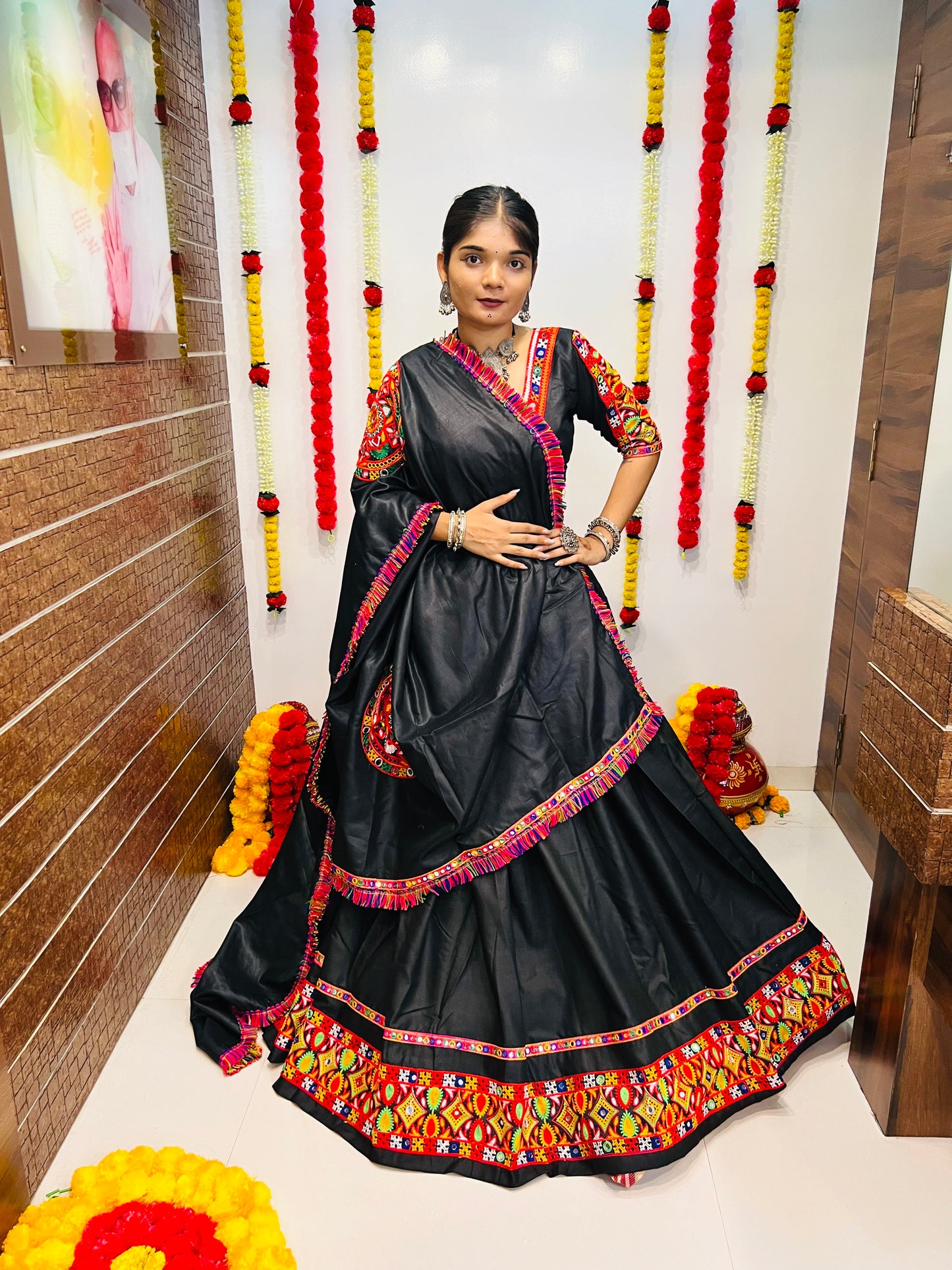 Black Gamthi Work Navratri Chaniya Choli with Multicolor Embroidered Border