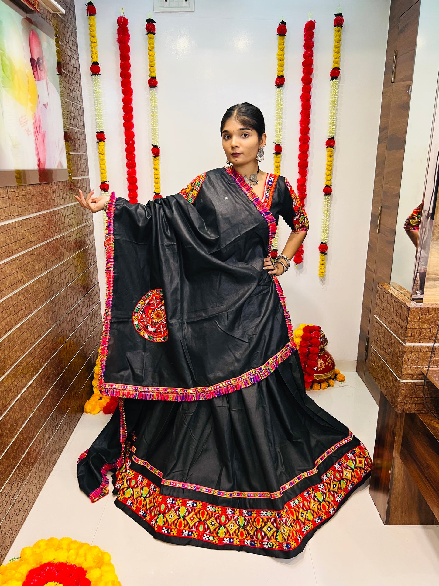 Black Gamthi Work Navratri Chaniya Choli with Multicolor Embroidered Border