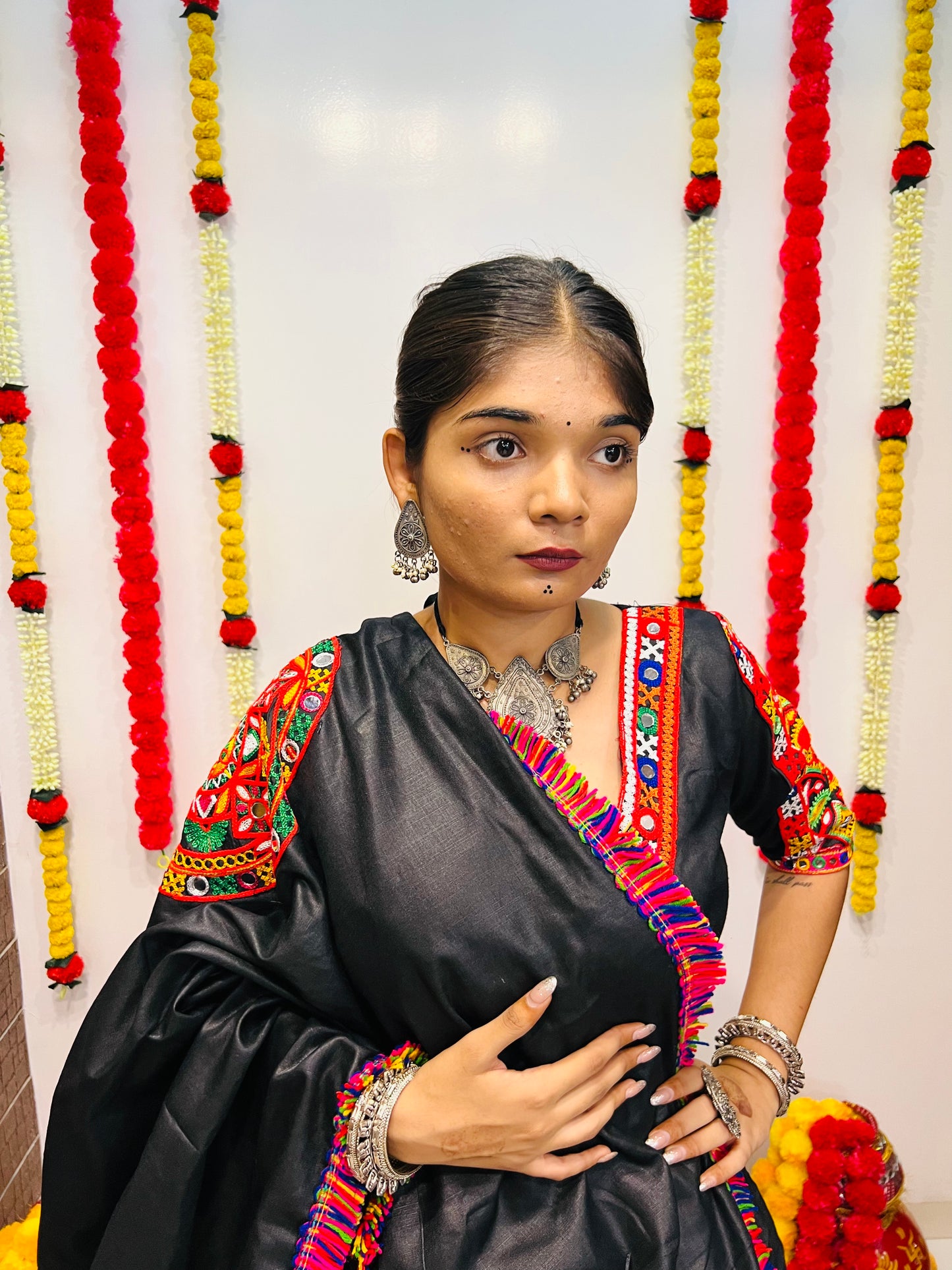Black Gamthi Work Navratri Chaniya Choli with Multicolor Embroidered Border