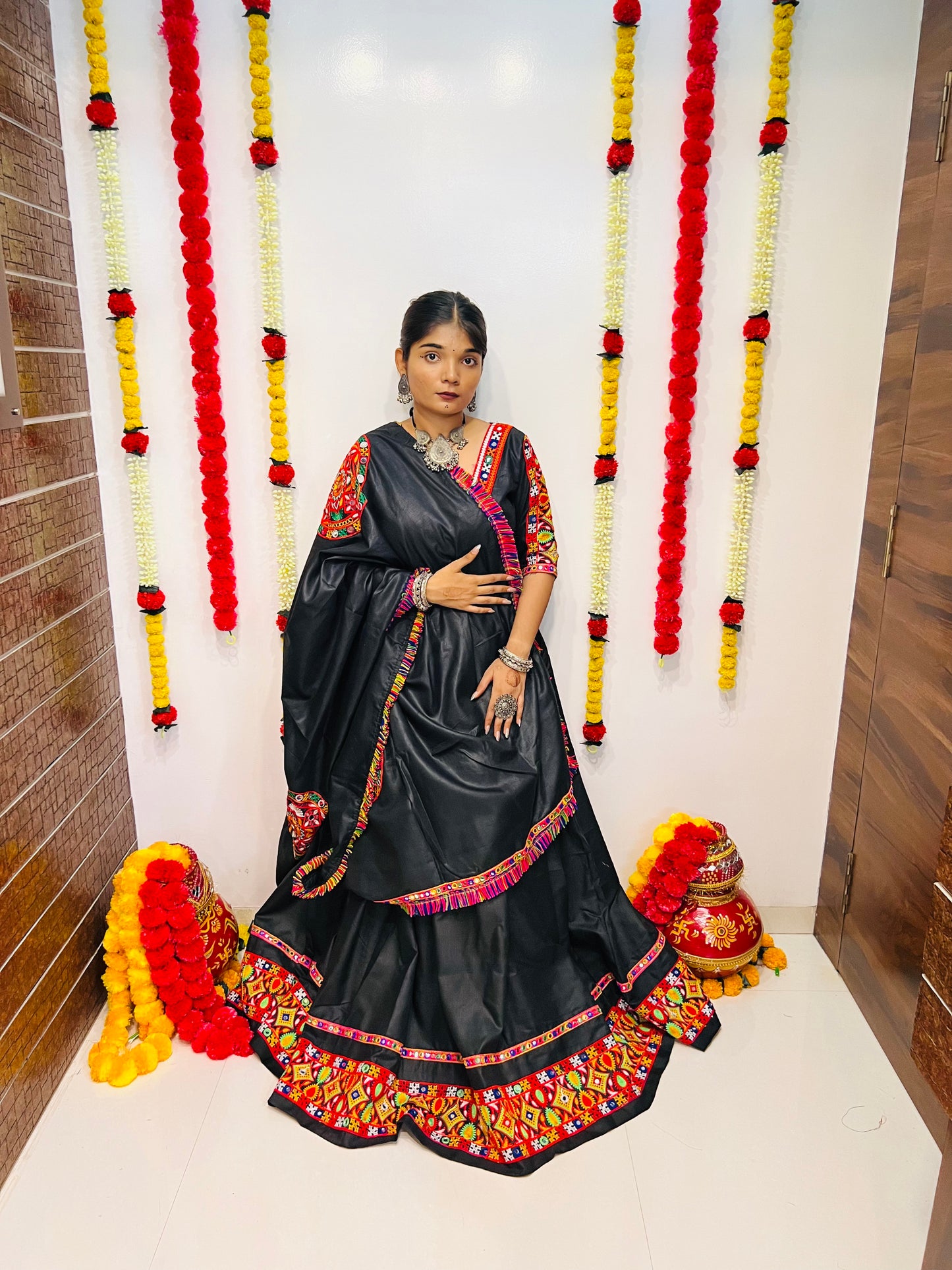 Black Gamthi Work Navratri Chaniya Choli with Multicolor Embroidered Border
