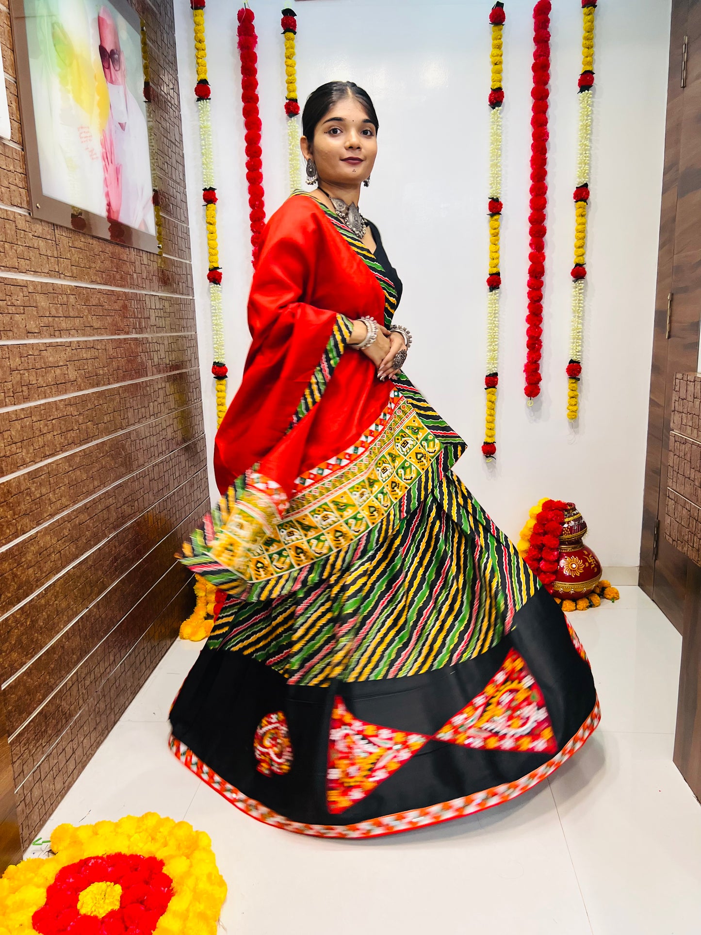 Rajwadi Black Multicolor Gamthi Work Navratri Chaniya Choli with Red Dupatta