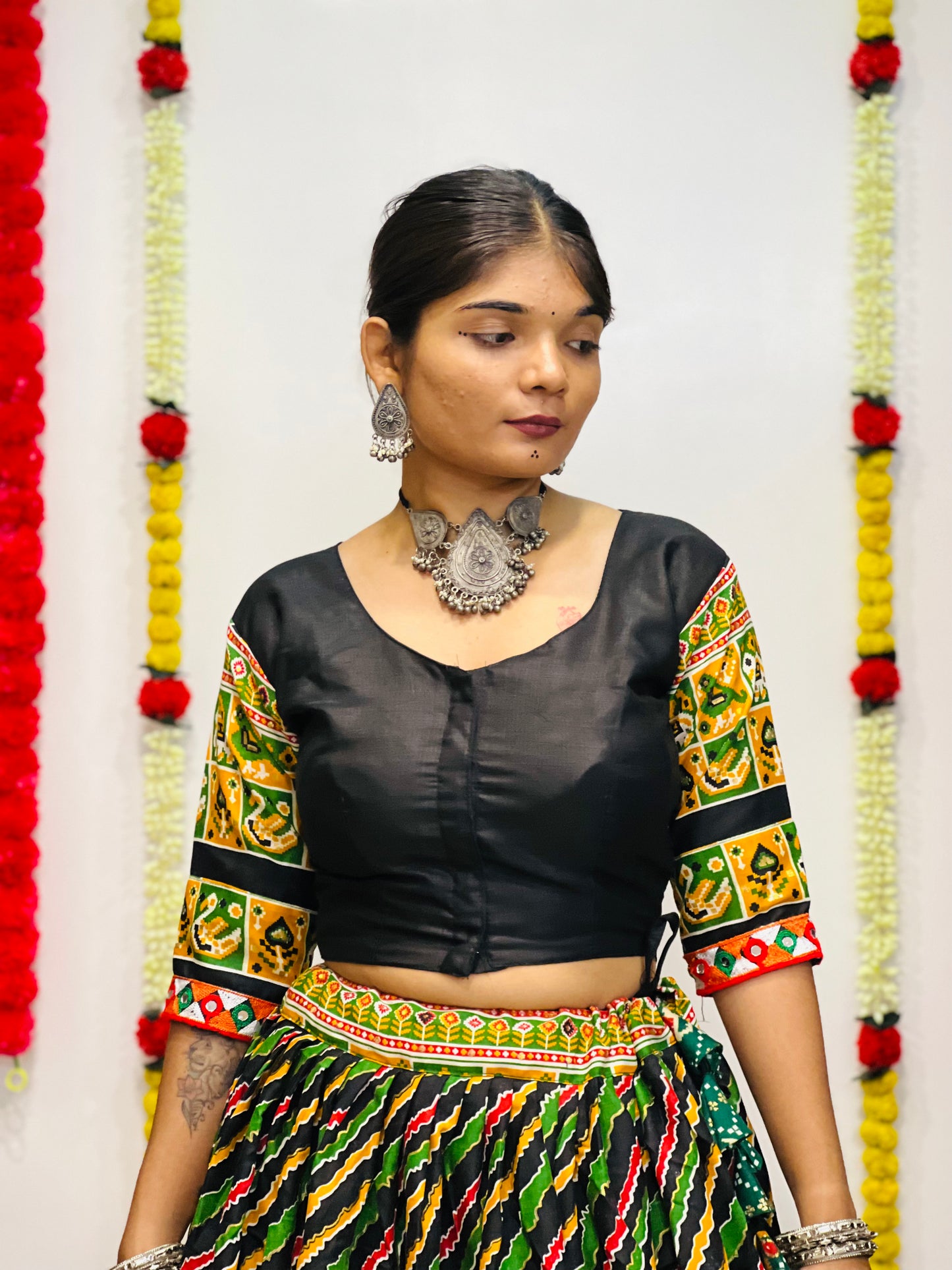 Rajwadi Black Multicolor Gamthi Work Navratri Chaniya Choli with Red Dupatta
