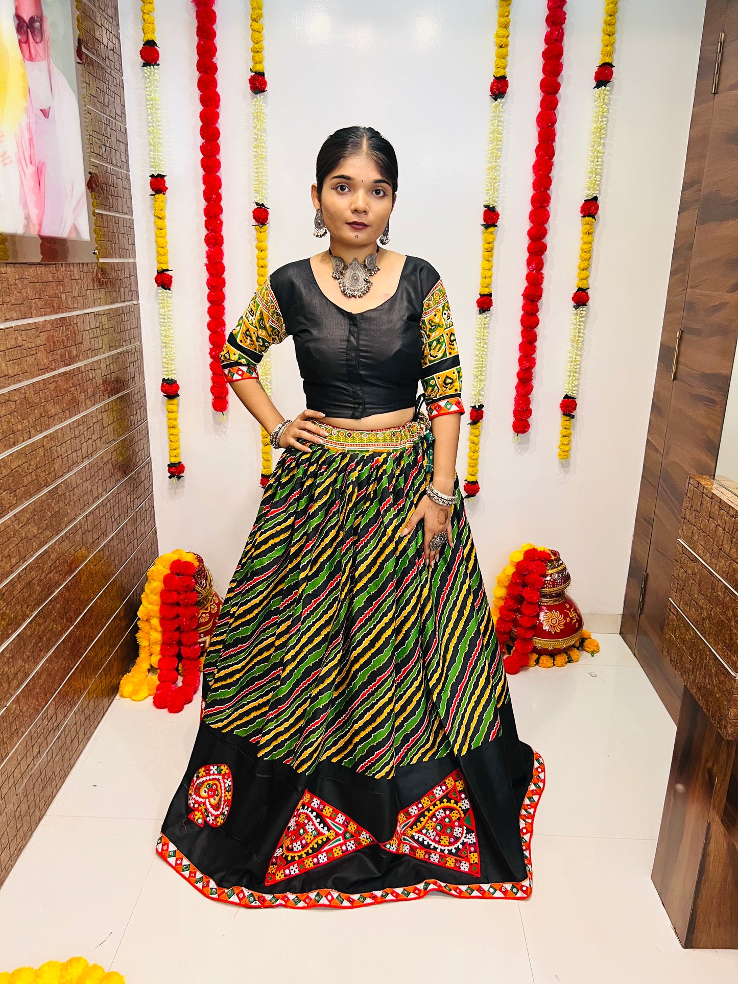 Rajwadi Black Multicolor Gamthi Work Navratri Chaniya Choli with Red Dupatta