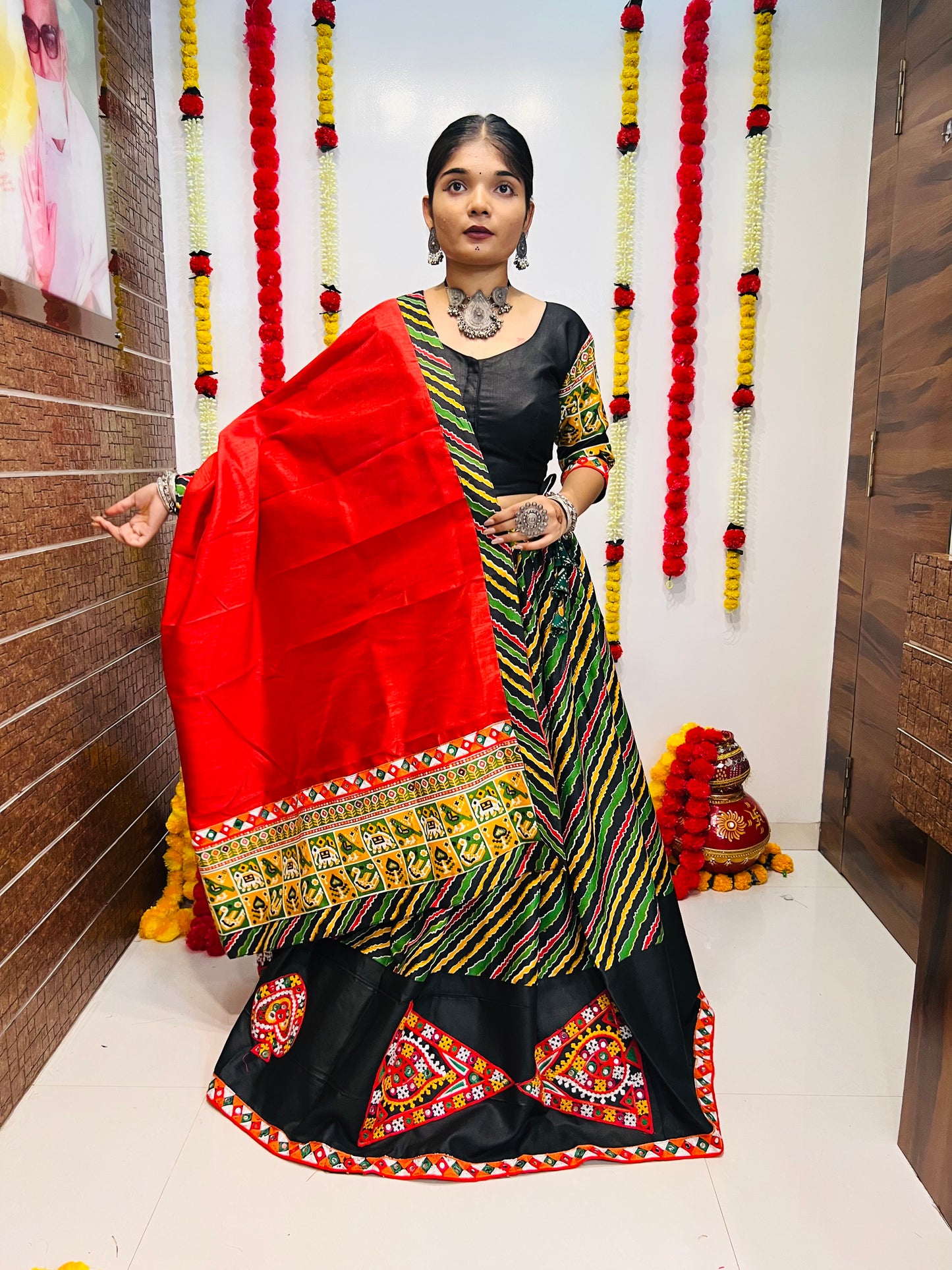 Rajwadi Black Multicolor Gamthi Work Navratri Chaniya Choli with Red Dupatta