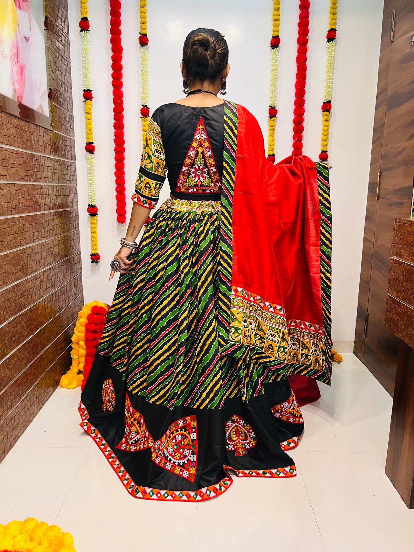 Rajwadi Black Multicolor Gamthi Work Navratri Chaniya Choli with Red Dupatta