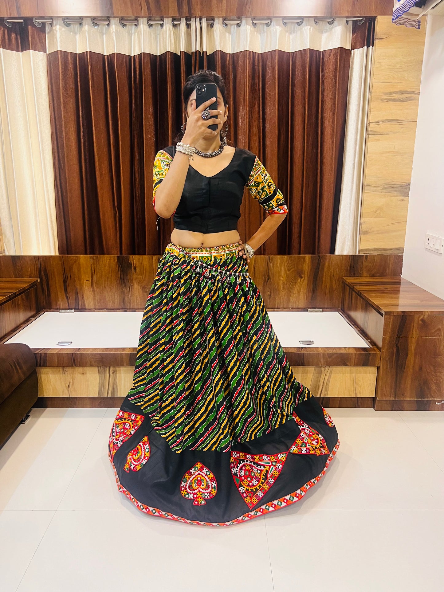 Rajwadi Black Multicolor Gamthi Work Navratri Chaniya Choli with Red Dupatta