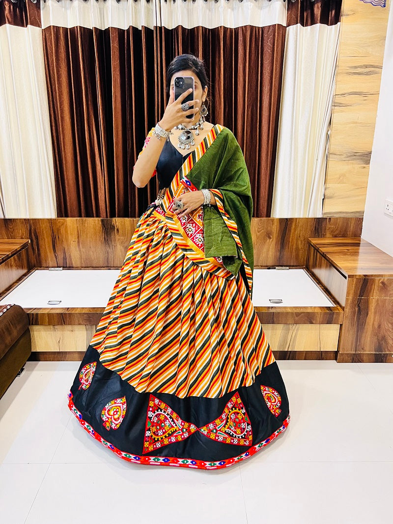 Designer Green & Multicolor Gamthi Work Navratri Lehenga Choli with Black Blouse