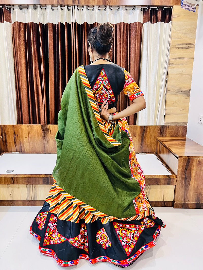 Designer Green & Multicolor Gamthi Work Navratri Lehenga Choli with Black Blouse