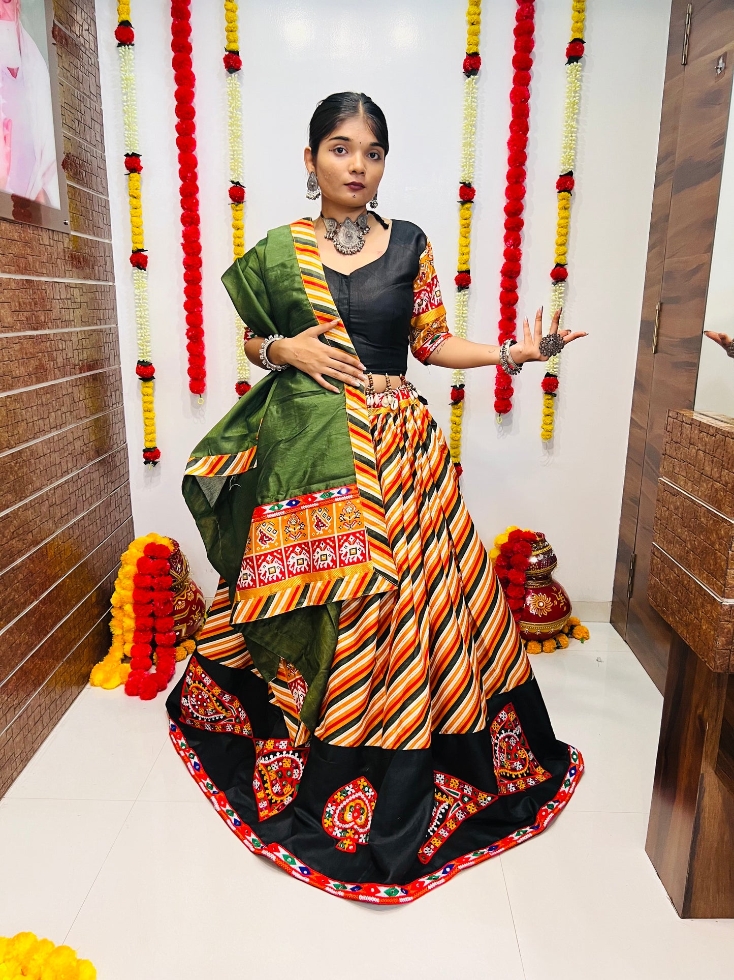 Designer Green & Multicolor Gamthi Work Navratri Lehenga Choli with Black Blouse