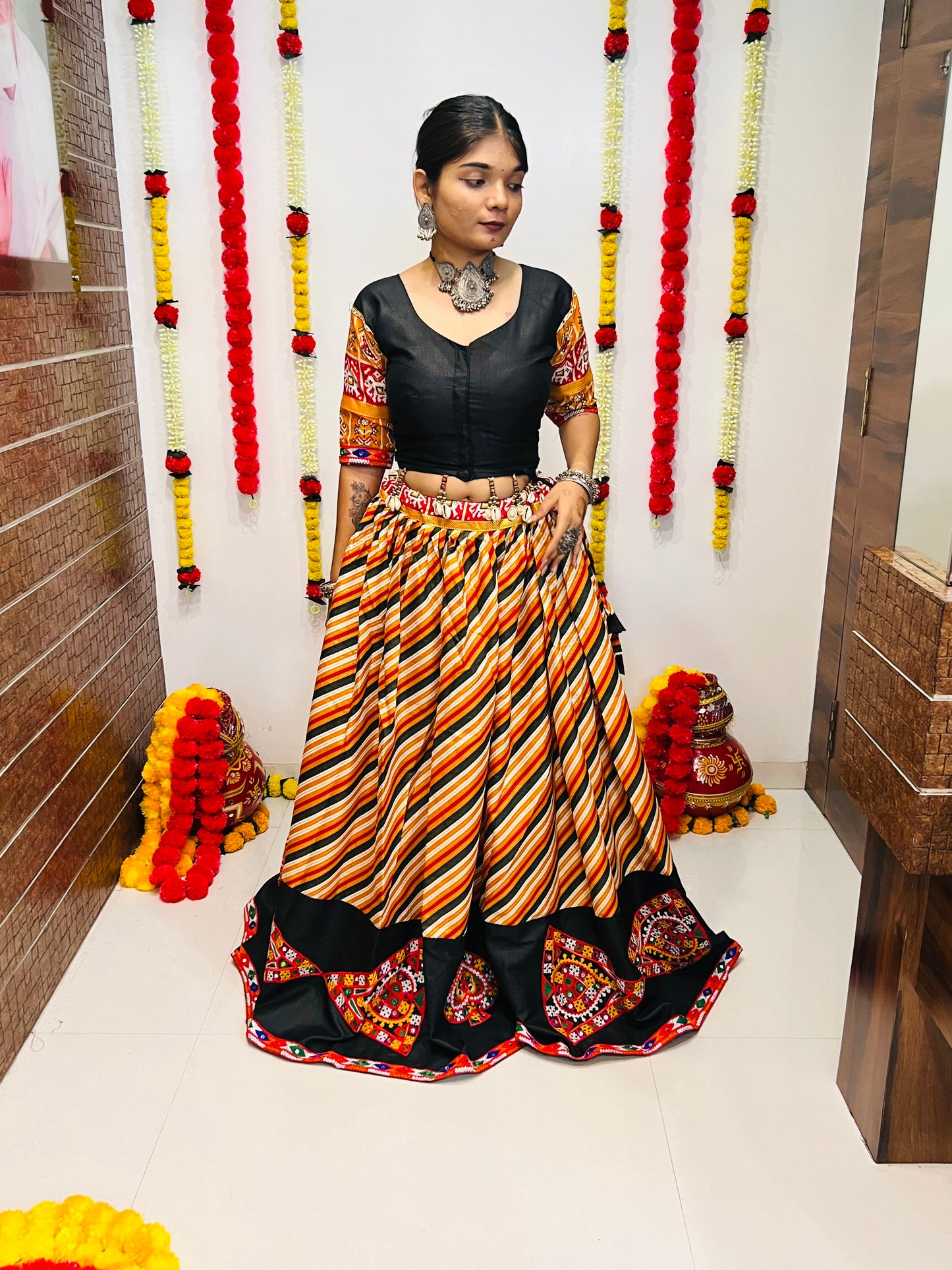 Designer Green & Multicolor Gamthi Work Navratri Lehenga Choli with Black Blouse