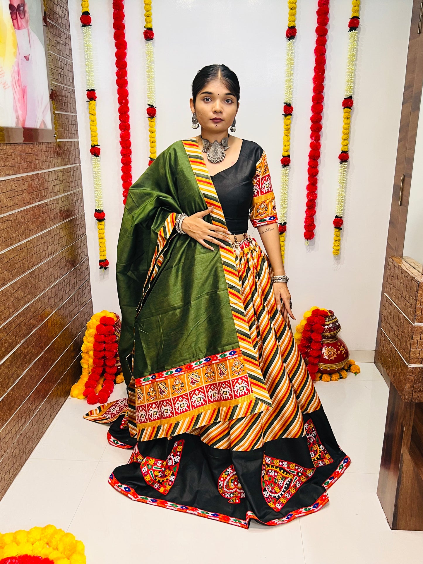 Designer Green & Multicolor Gamthi Work Navratri Lehenga Choli with Black Blouse