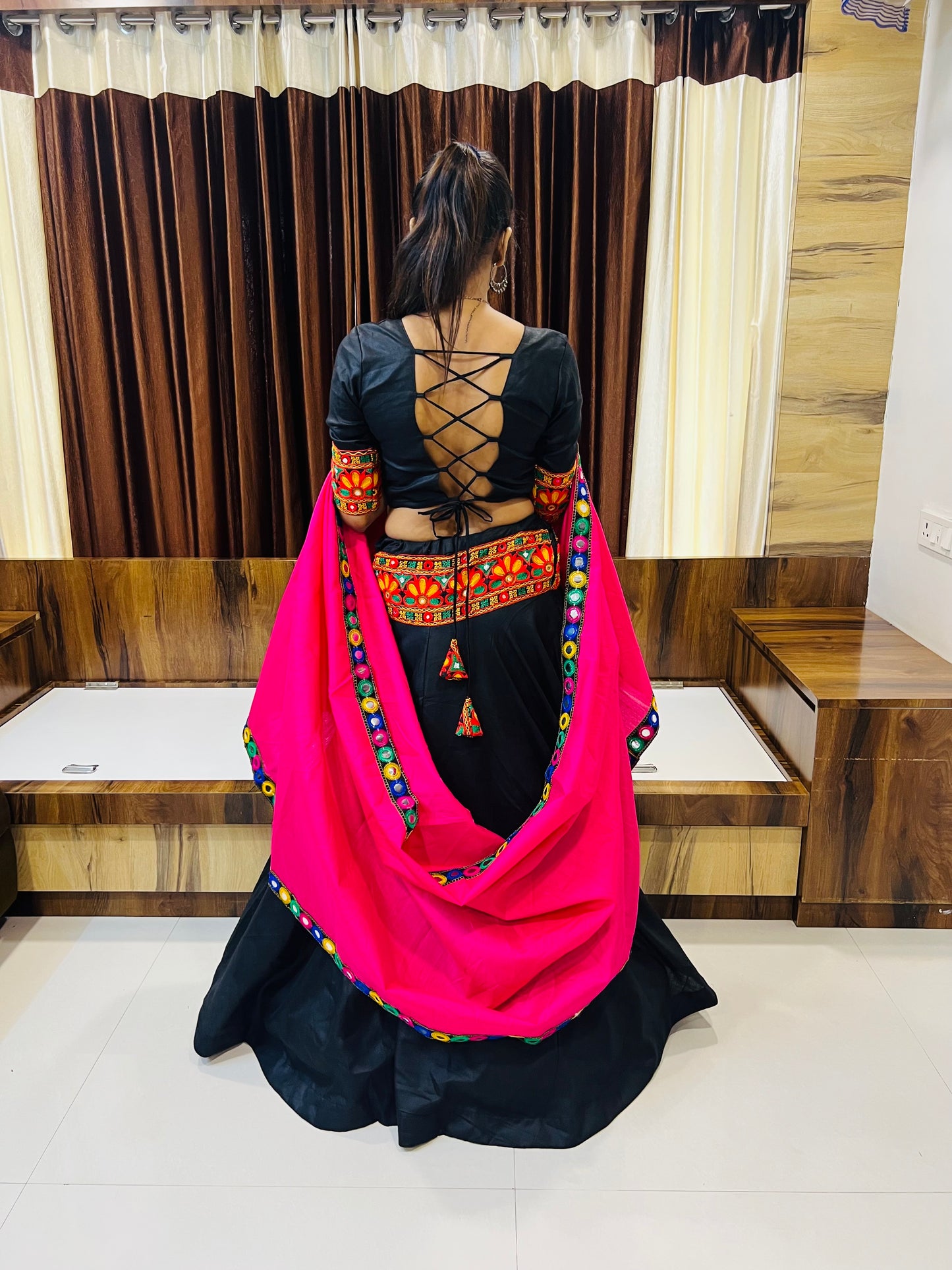 Elegant Black & Pink Navratri Lehenga Choli with Mirror Work