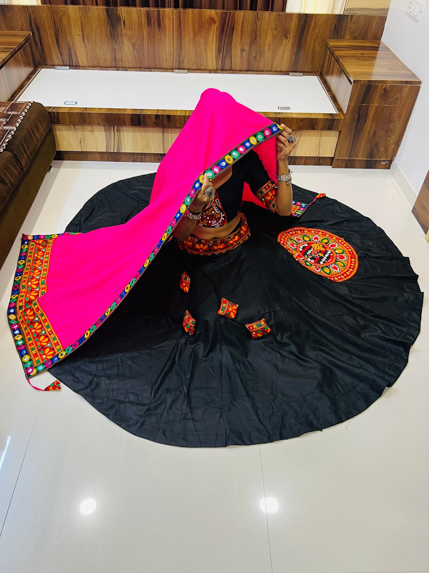 Elegant Black & Pink Navratri Lehenga Choli with Mirror Work