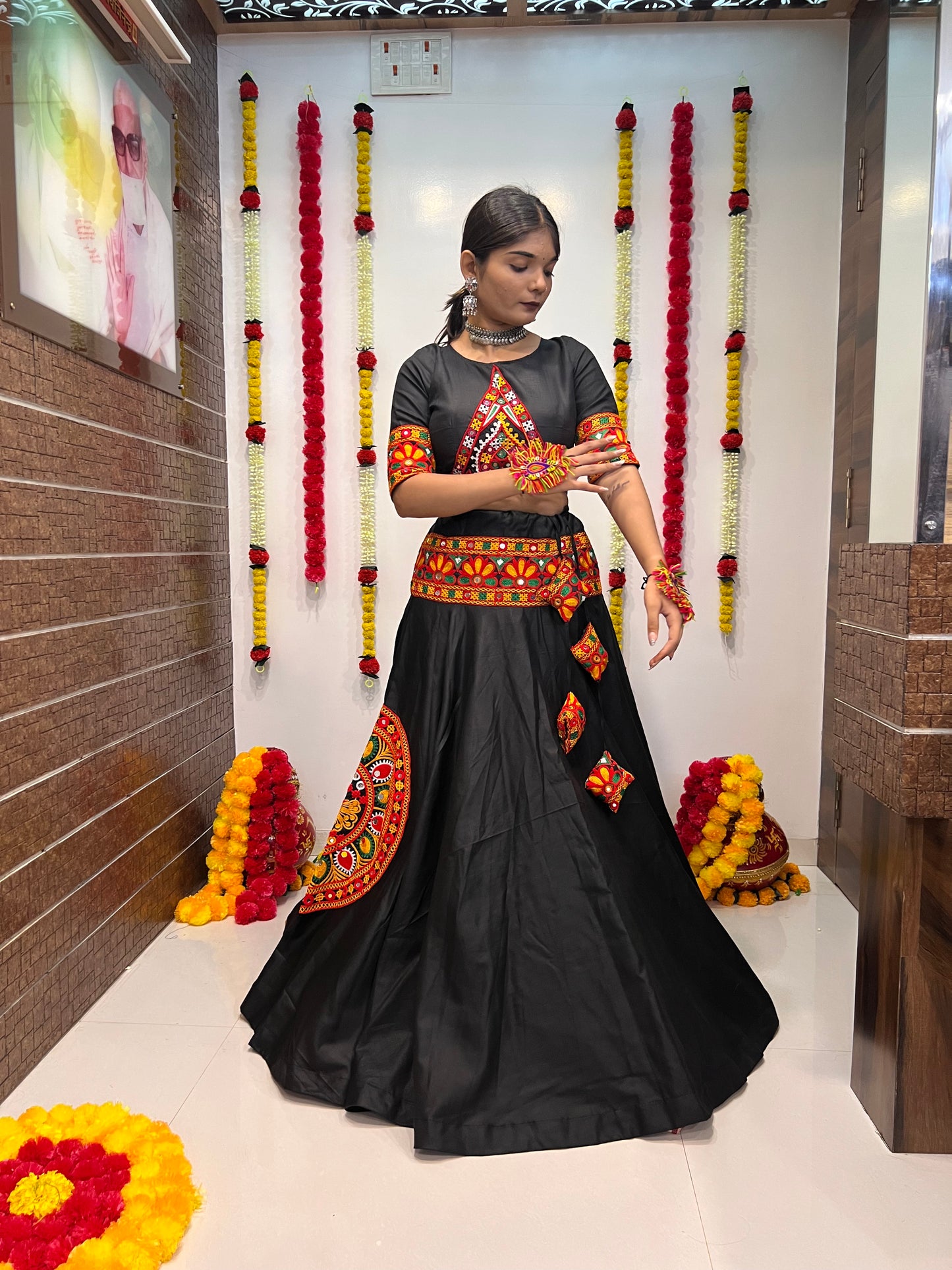 Elegant Black & Pink Navratri Lehenga Choli with Mirror Work