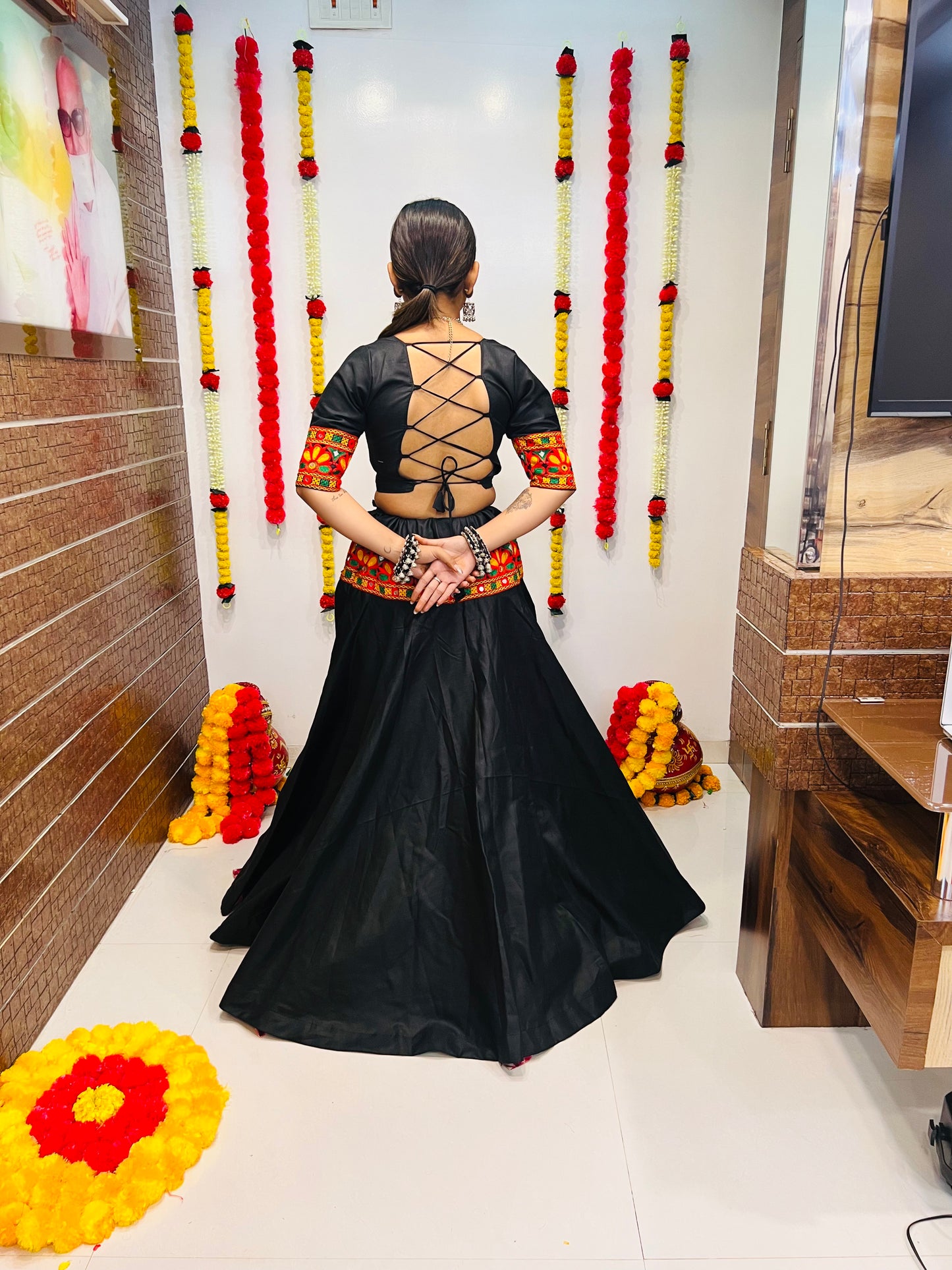 Elegant Black & Pink Navratri Lehenga Choli with Mirror Work