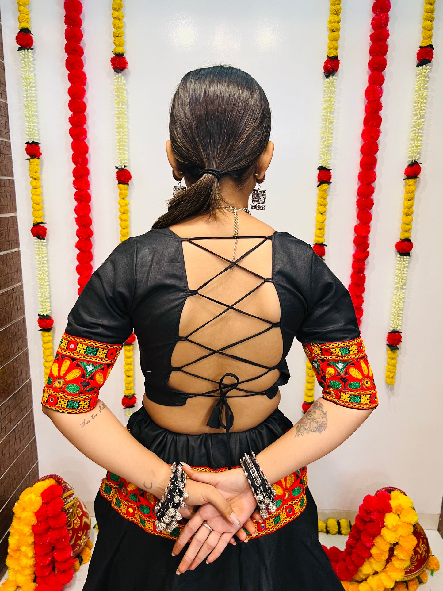 Elegant Black & Pink Navratri Lehenga Choli with Mirror Work