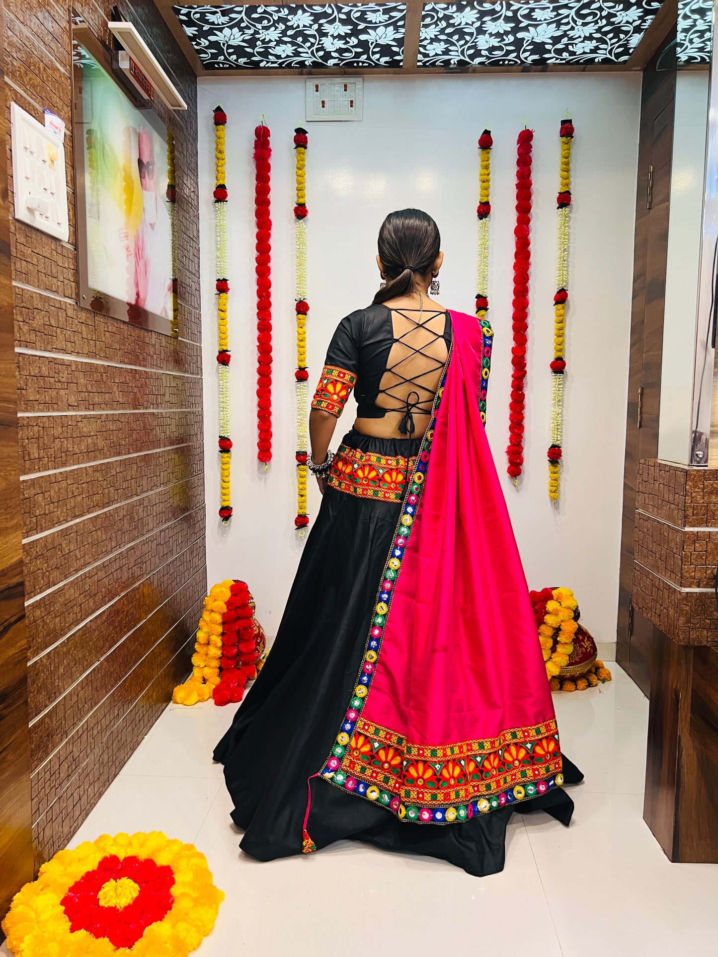 Elegant Black & Pink Navratri Lehenga Choli with Mirror Work