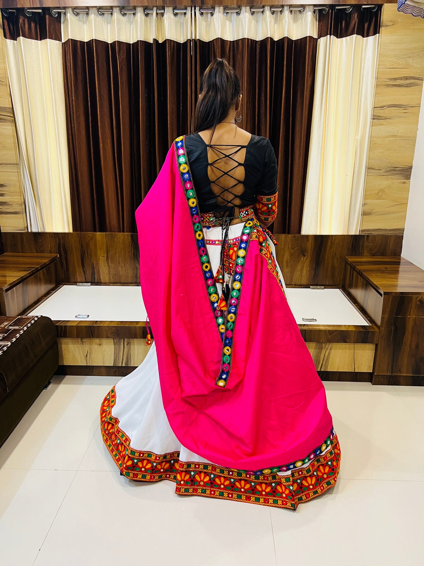 Elegant Black & White Navratri Chaniya Choli with Mirror & Gamthi Embroidery Work – Festive Garba Special