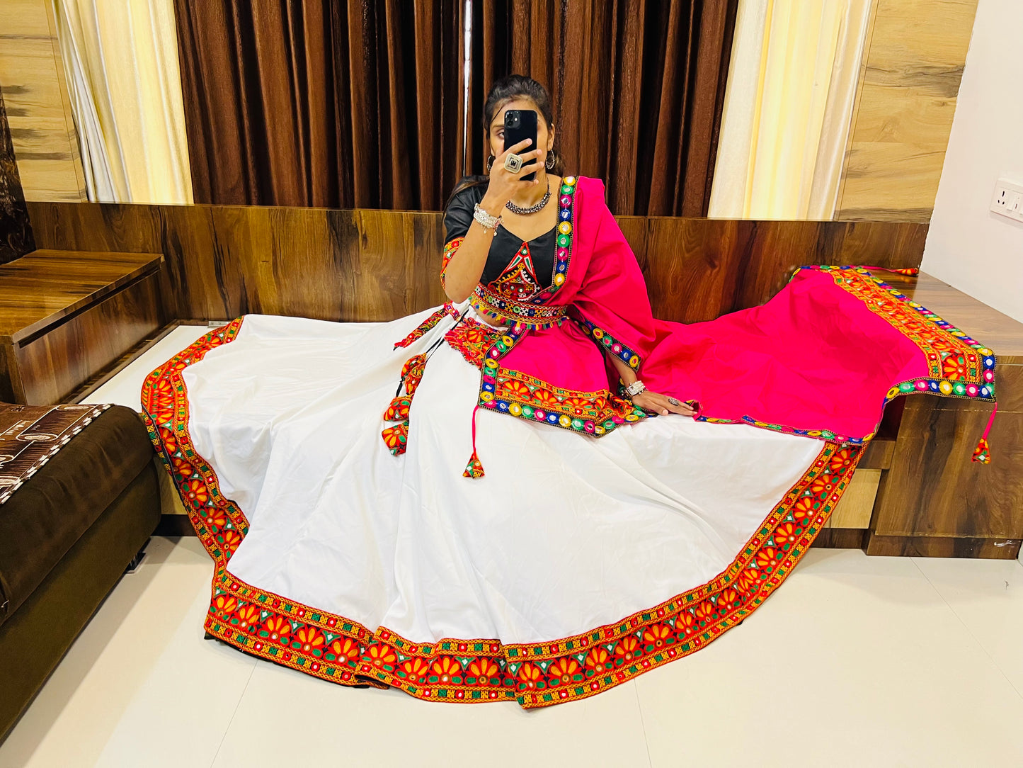 Elegant Black & White Navratri Chaniya Choli with Mirror & Gamthi Embroidery Work – Festive Garba Special