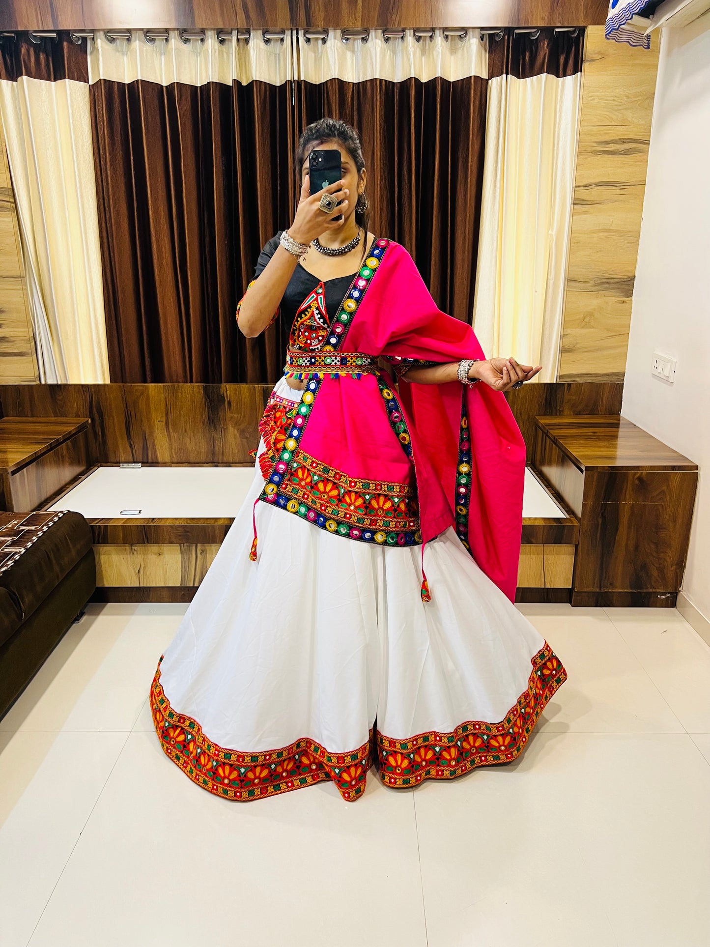 Elegant Black & White Navratri Chaniya Choli with Mirror & Gamthi Embroidery Work – Festive Garba Special