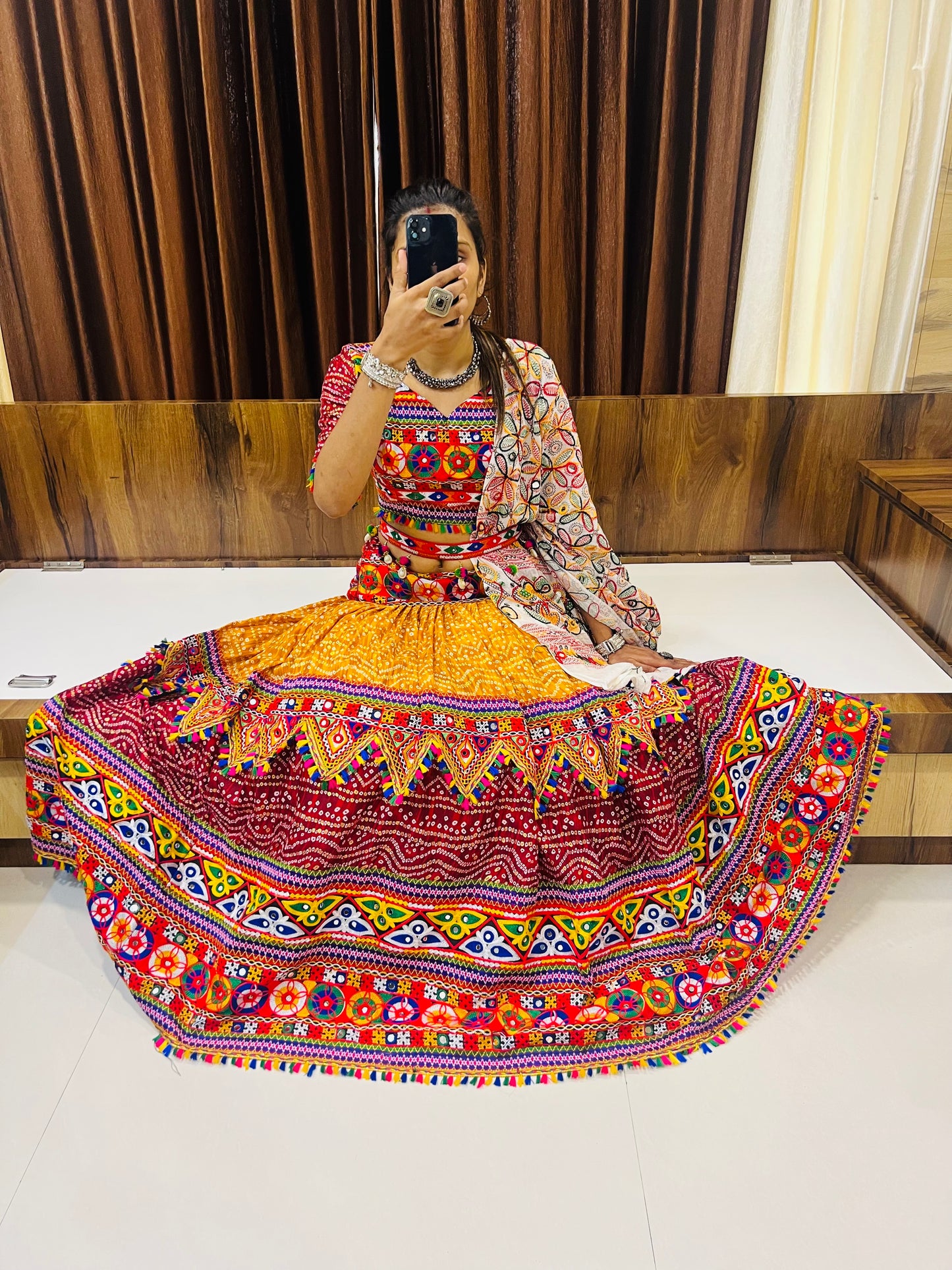 Designer Multicolor Bandhani & Mirror Work Chaniya Choli with Embroidered Dupatta – Navratri Special
