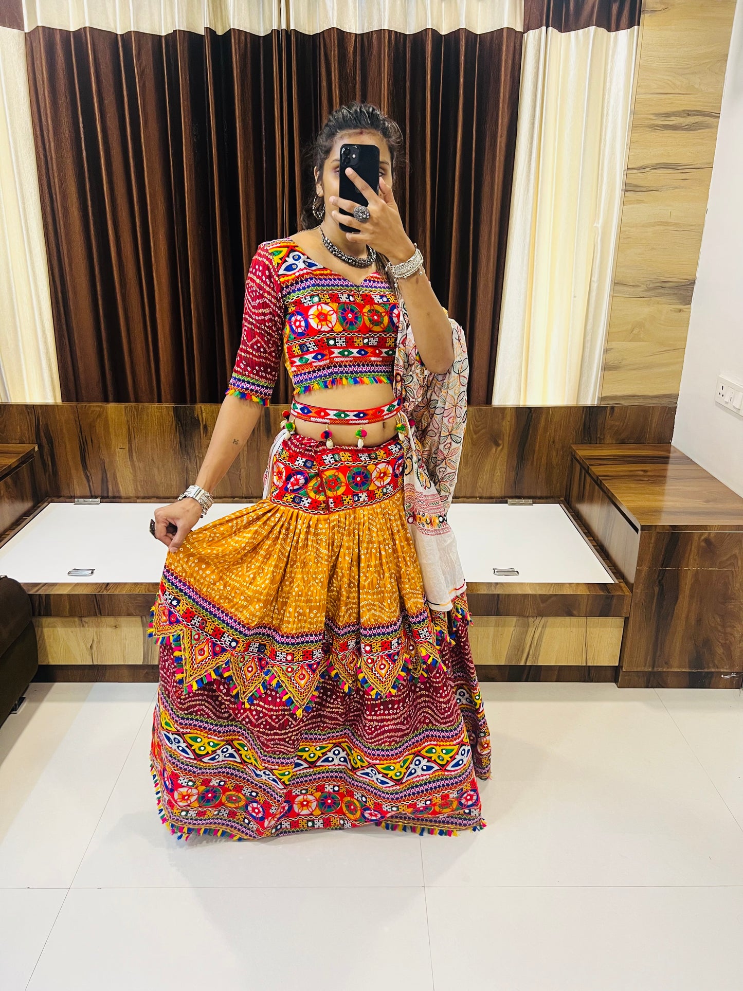 Designer Multicolor Bandhani & Mirror Work Chaniya Choli with Embroidered Dupatta – Navratri Special