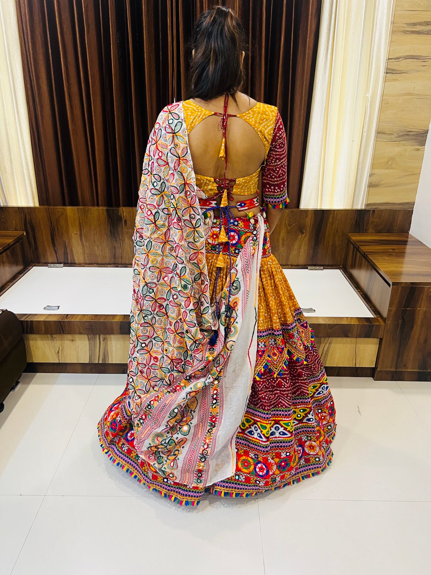 Designer Multicolor Bandhani & Mirror Work Chaniya Choli with Embroidered Dupatta – Navratri Special