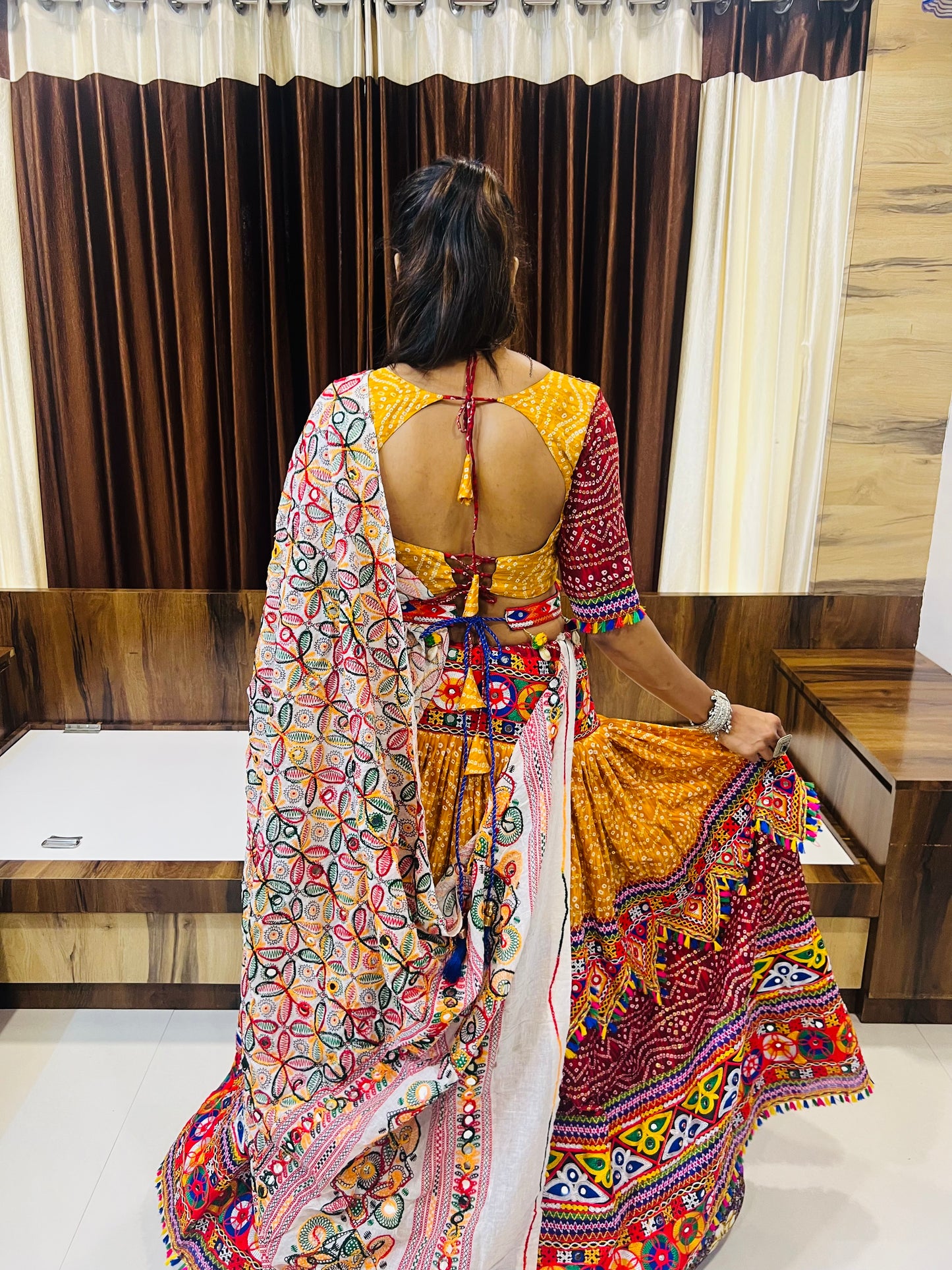 Designer Multicolor Bandhani & Mirror Work Chaniya Choli with Embroidered Dupatta – Navratri Special