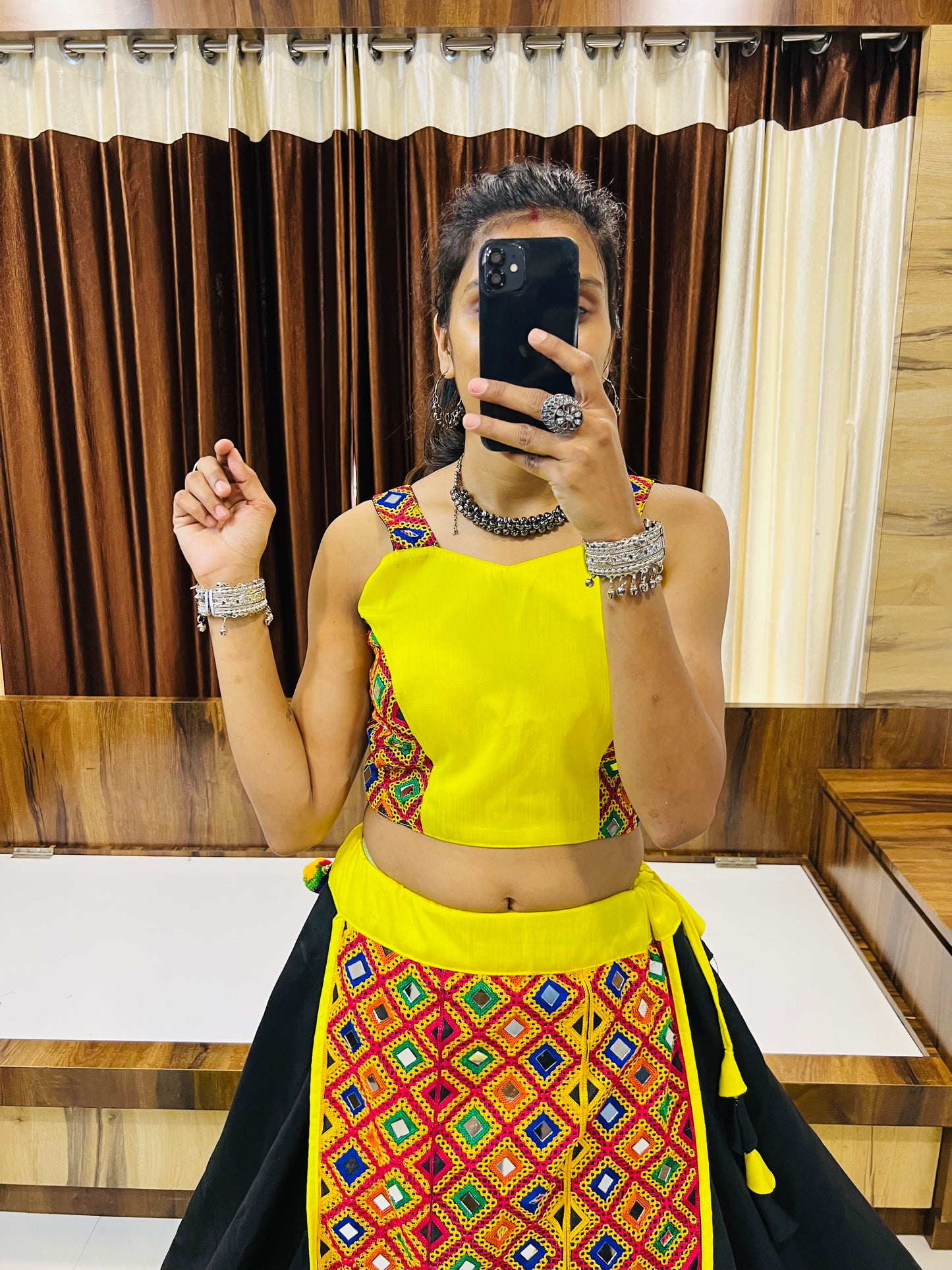 Designer Black & Yellow Mirror Work Navratri Chaniya Choli – Traditional Garba Lehenga with Dupatta