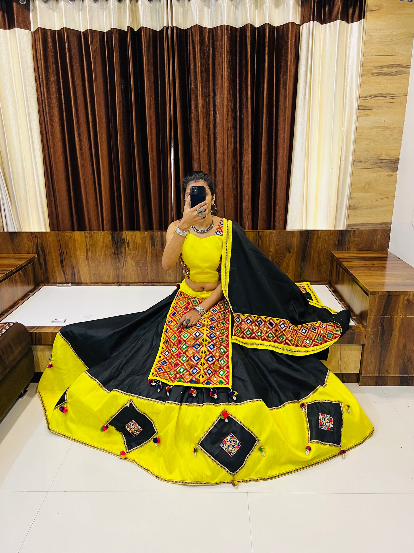 Designer Black & Yellow Mirror Work Navratri Chaniya Choli – Traditional Garba Lehenga with Dupatta