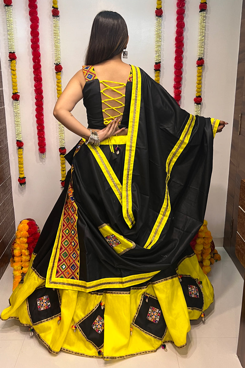 Designer Black & Yellow Mirror Work Navratri Chaniya Choli – Traditional Garba Lehenga with Dupatta